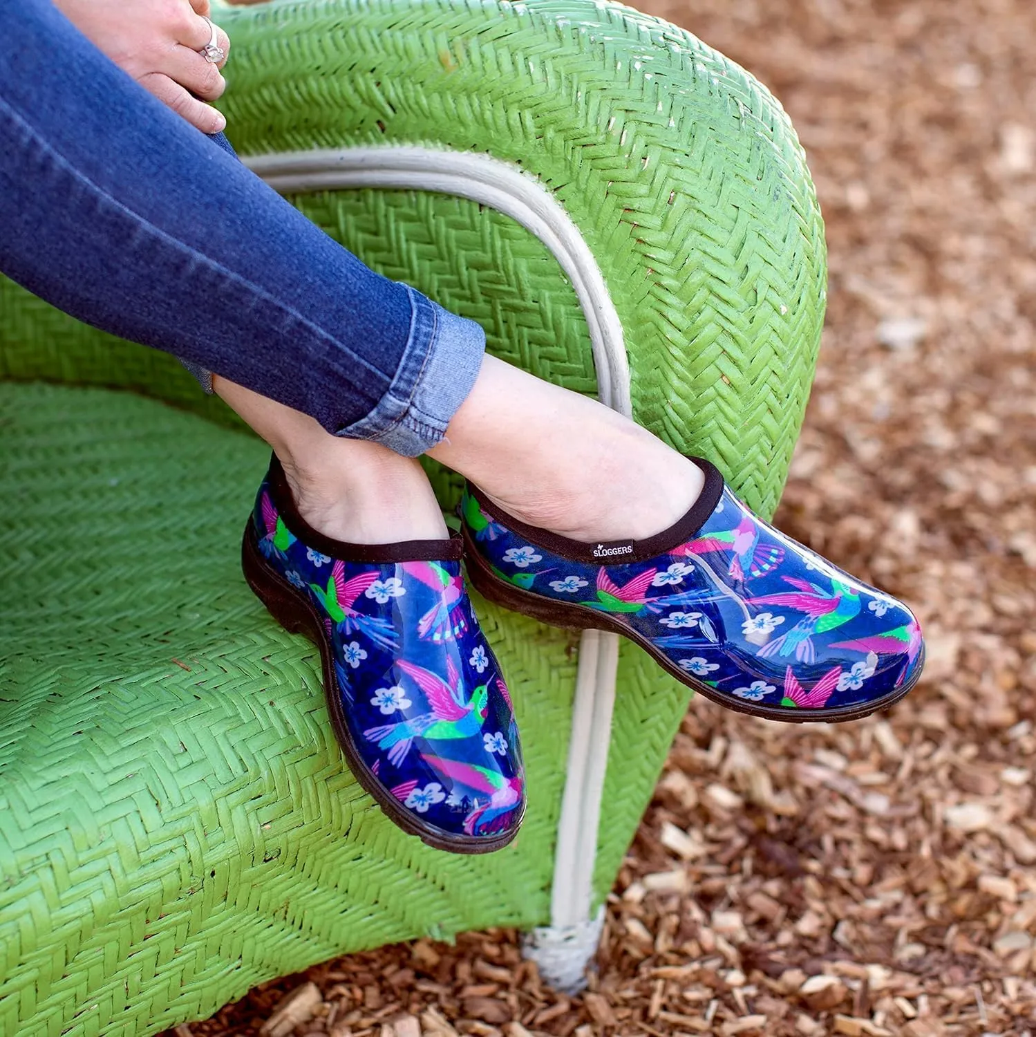 Sloggers Original Waterproof Rain and Garden Shoe for Women– Outdoor Slip-On Garden Clog - Made in The USA with Premium Comfort Insole and Arch Support - Blue/Pink Hummingbird Print, Size 11