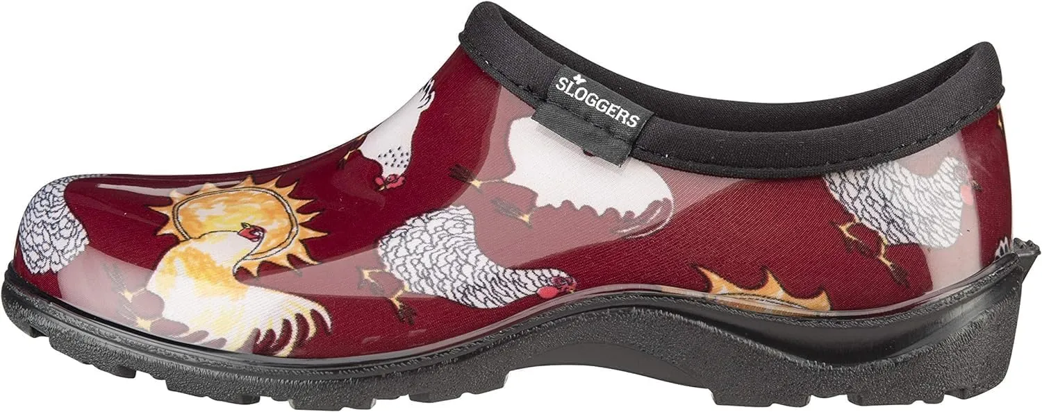 Sloggers Original Waterproof Rain and Garden Shoe for Women– Outdoor Slip-On Garden Clog - Made in The USA with Premium Comfort Insole and Arch Support - Chicken Print Barn Red, Size 11