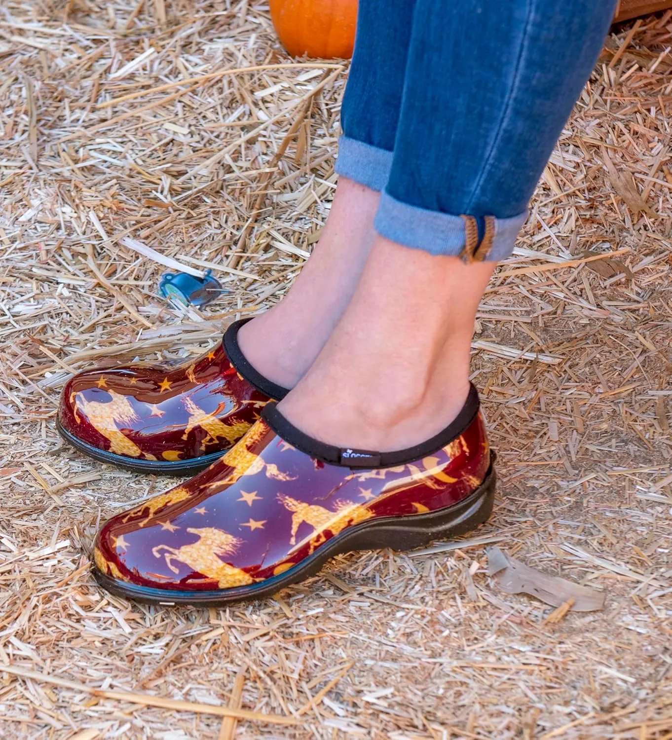 Sloggers Original Waterproof Rain and Garden Shoe for Women– Outdoor Slip-On Garden Clog - Made in The USA with Premium Comfort Insole and Arch Support - Horse Stars Barn Red, Size 9