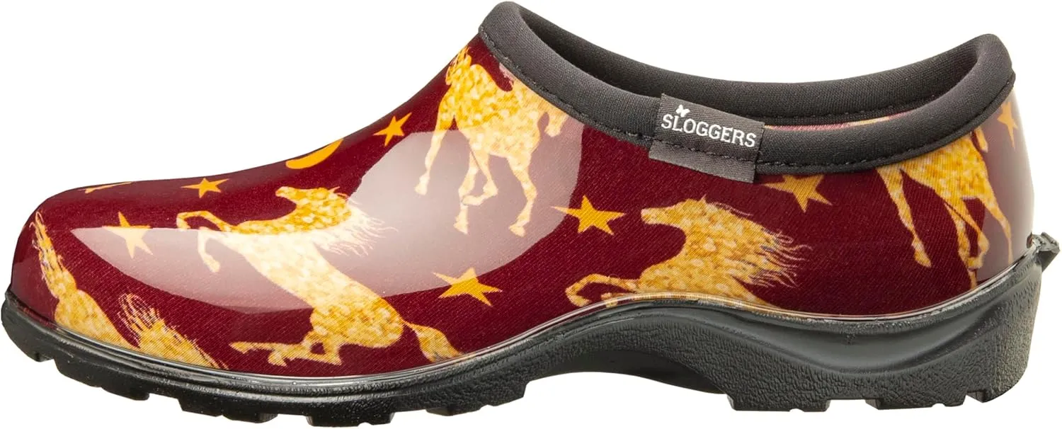 Sloggers Original Waterproof Rain and Garden Shoe for Women– Outdoor Slip-On Garden Clog - Made in The USA with Premium Comfort Insole and Arch Support - Horse Stars Barn Red, Size 9