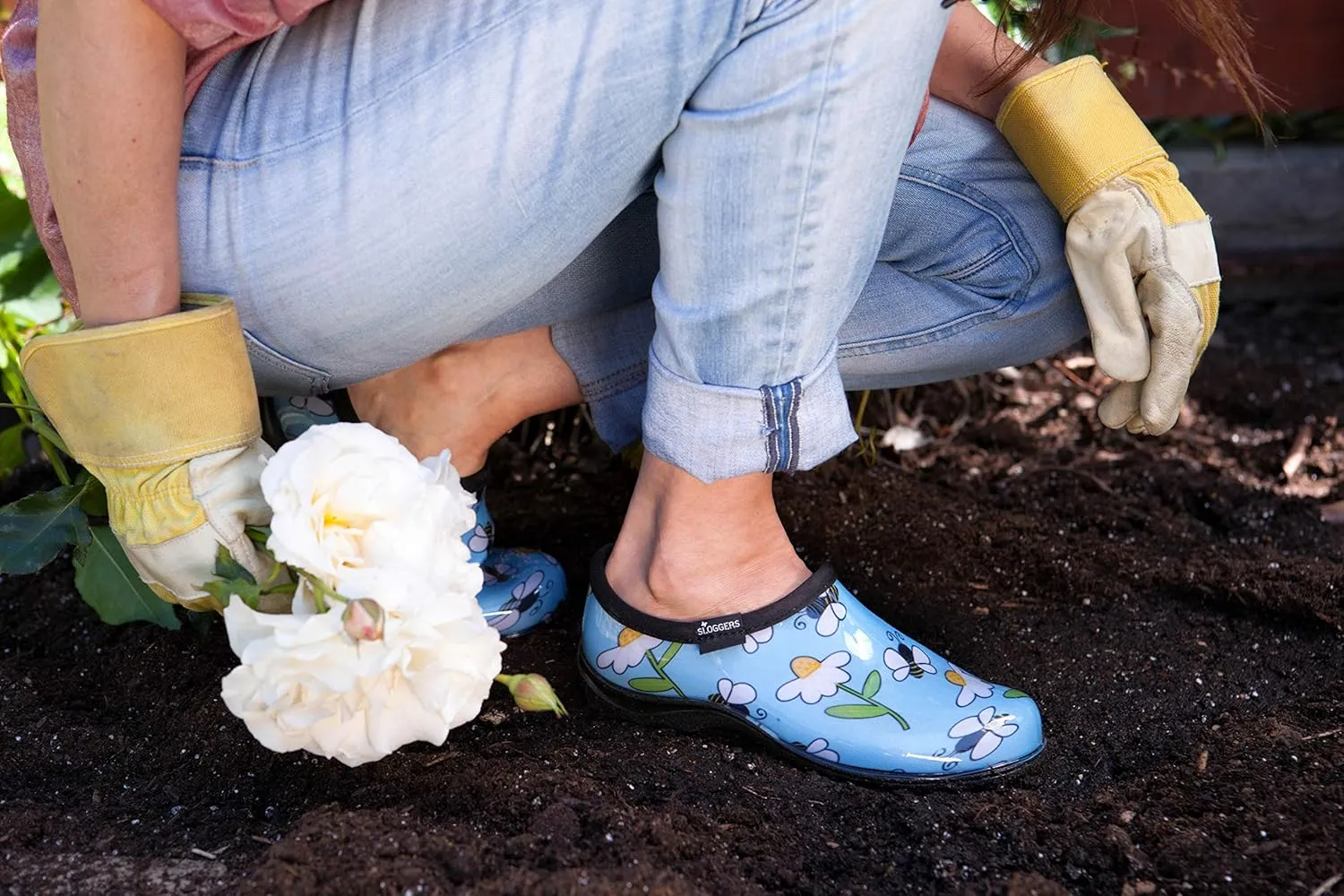 Sloggers Original Waterproof Rain and Garden Shoe for Women– Outdoor Slip-On Garden Clog - Made in The USA with Premium Comfort Insole and Arch Support - Lt Blue Bee Print, Size 9