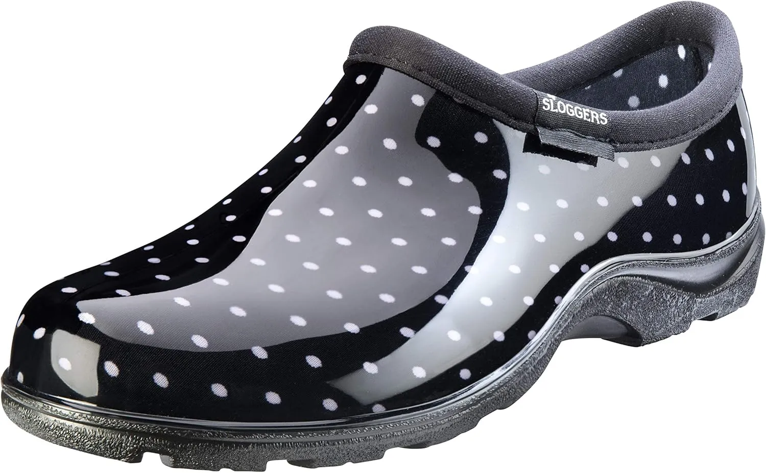Sloggers Original Waterproof Rain and Garden Shoe for Women– Outdoor Slip-On Garden Clog - Made in The USA with Premium Comfort Insole and Arch Support - Polka Dot Print Black and White, Size 7