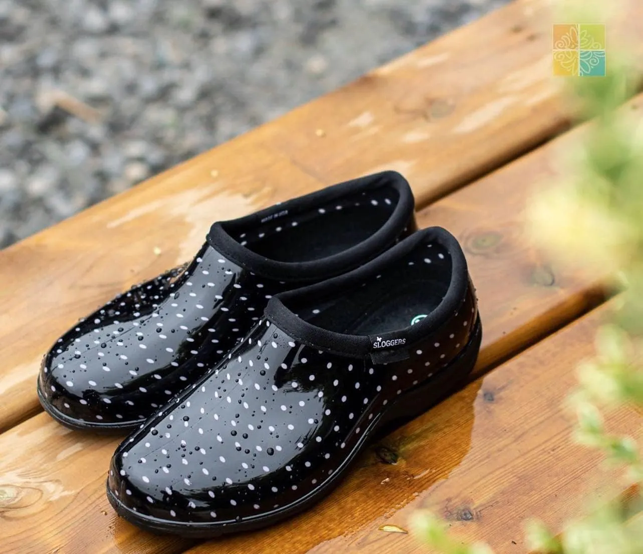 Sloggers Original Waterproof Rain and Garden Shoe for Women– Outdoor Slip-On Garden Clog - Made in The USA with Premium Comfort Insole and Arch Support - Polka Dot Print Black and White, Size 8