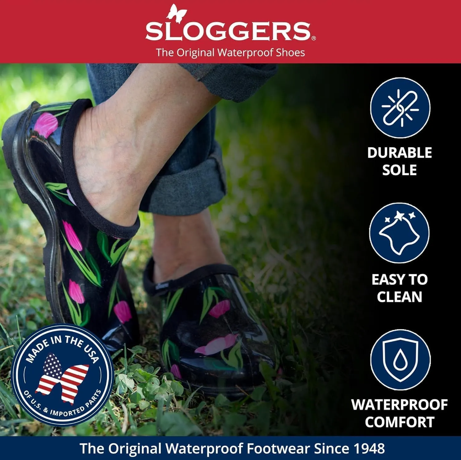 Sloggers Original Waterproof Rain and Garden Shoe for Women– Outdoor Slip-On Garden Clog - Made in The USA with Premium Comfort Insole and Arch Support - Polka Dot Print Black and White, Size 8