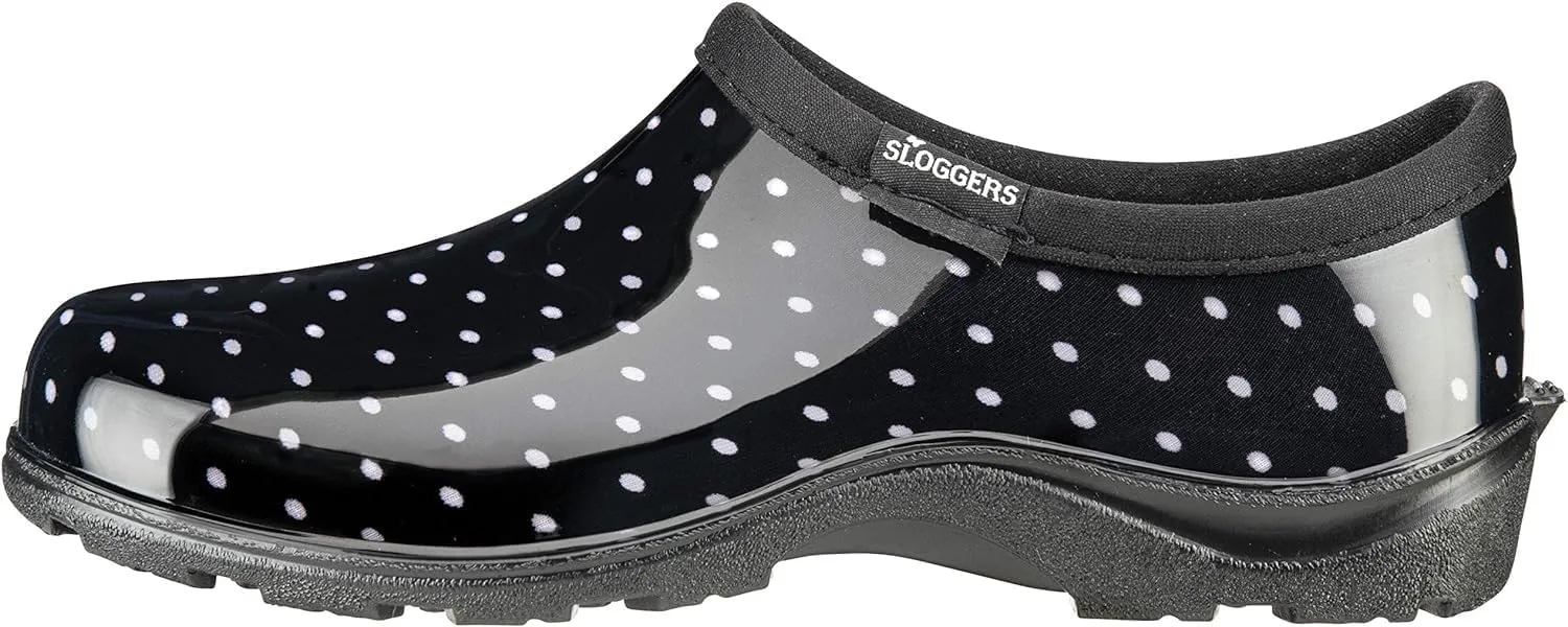 Sloggers Original Waterproof Rain and Garden Shoe for Women– Outdoor Slip-On Garden Clog - Made in The USA with Premium Comfort Insole and Arch Support - Polka Dot Print Black and White, Size 8