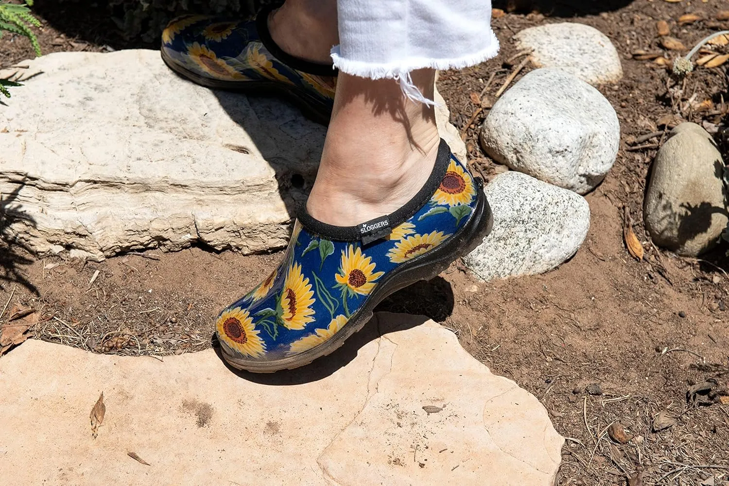 Sloggers Original Waterproof Rain and Garden Shoe for Women– Outdoor Slip-On Garden Clog - Made in The USA with Premium Comfort Insole and Arch Support - Sunflower Print Blue, Size 7