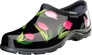 Sloggers Original Waterproof Rain and Garden Shoe for Women– Outdoor Slip-On Garden Clog - Made in The USA with Premium Comfort Insole and Arch Support - Tulip Black Print, Size 7
