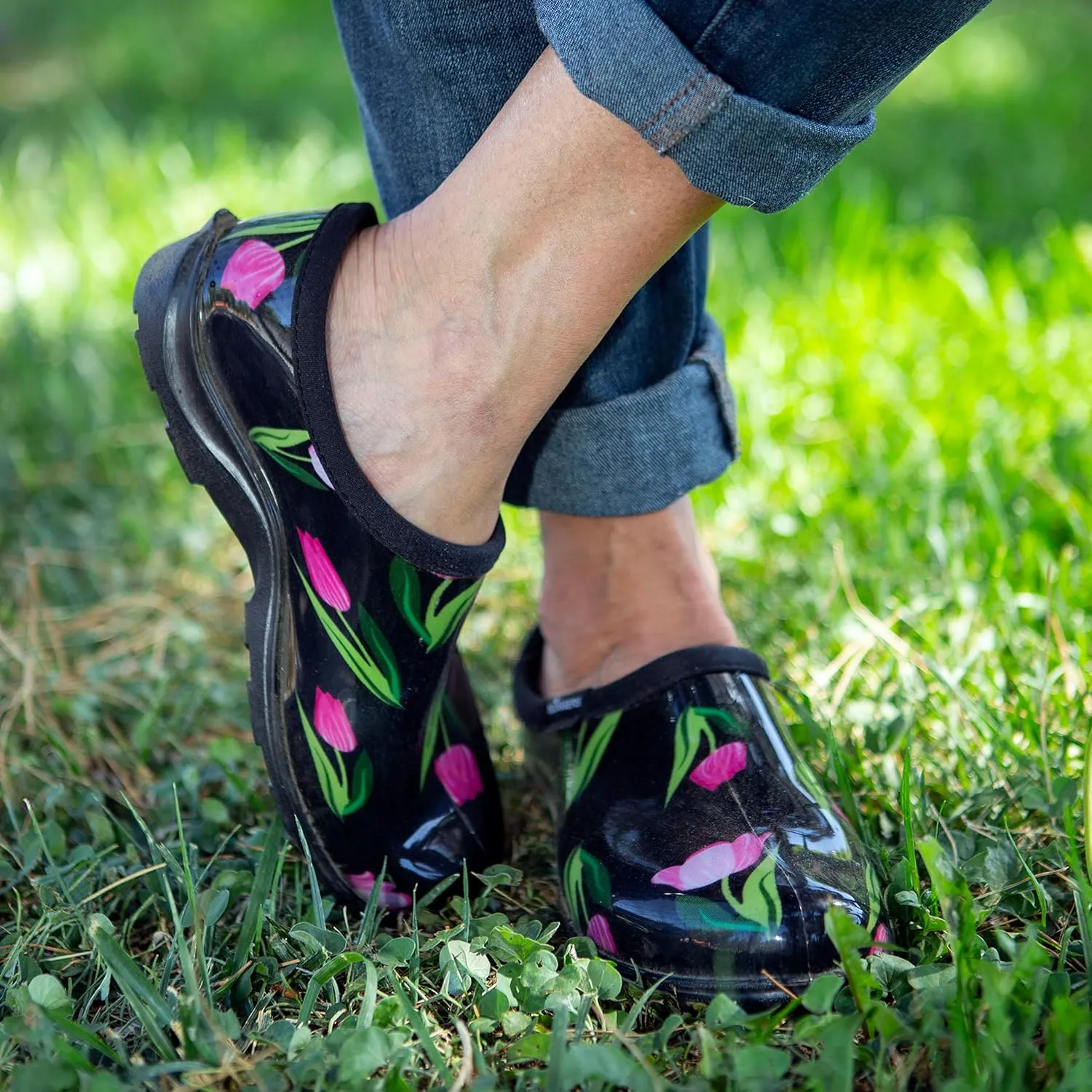 Sloggers Original Waterproof Rain and Garden Shoe for Women– Outdoor Slip-On Garden Clog - Made in The USA with Premium Comfort Insole and Arch Support - Tulip Black Print, Size 7