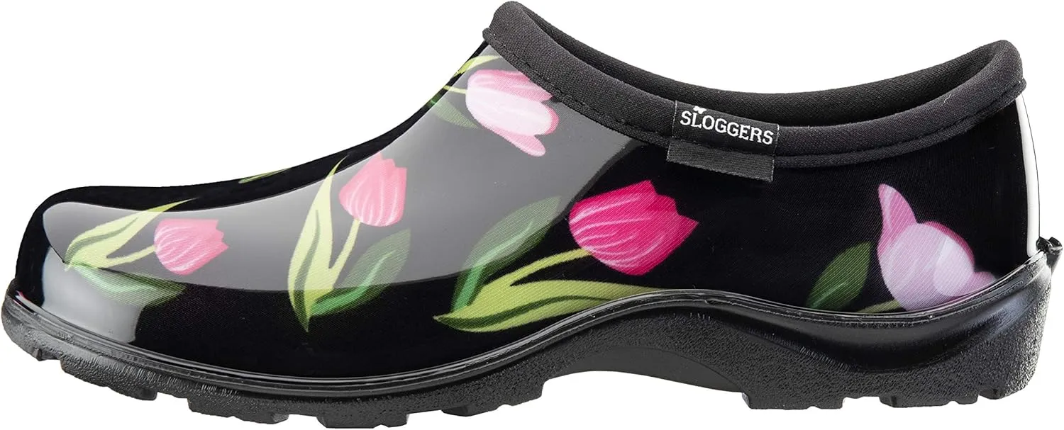 Sloggers Original Waterproof Rain and Garden Shoe for Women– Outdoor Slip-On Garden Clog - Made in The USA with Premium Comfort Insole and Arch Support - Tulip Black Print, Size 7