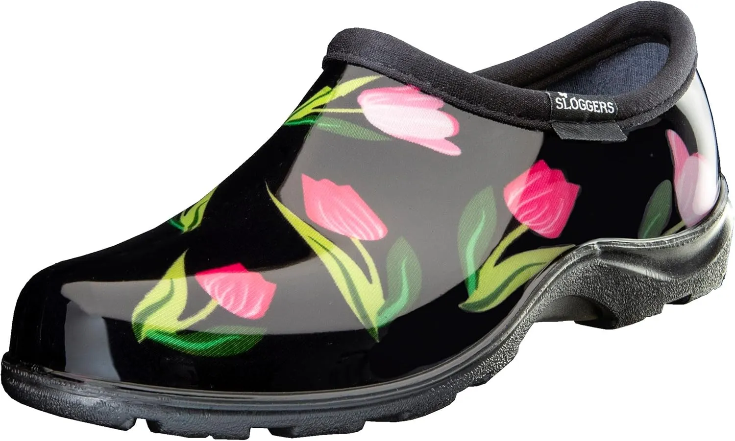 Sloggers Original Waterproof Rain and Garden Shoe for Women– Outdoor Slip-On Garden Clog - Made in The USA with Premium Comfort Insole and Arch Support - Tulip Black Print, Size 7