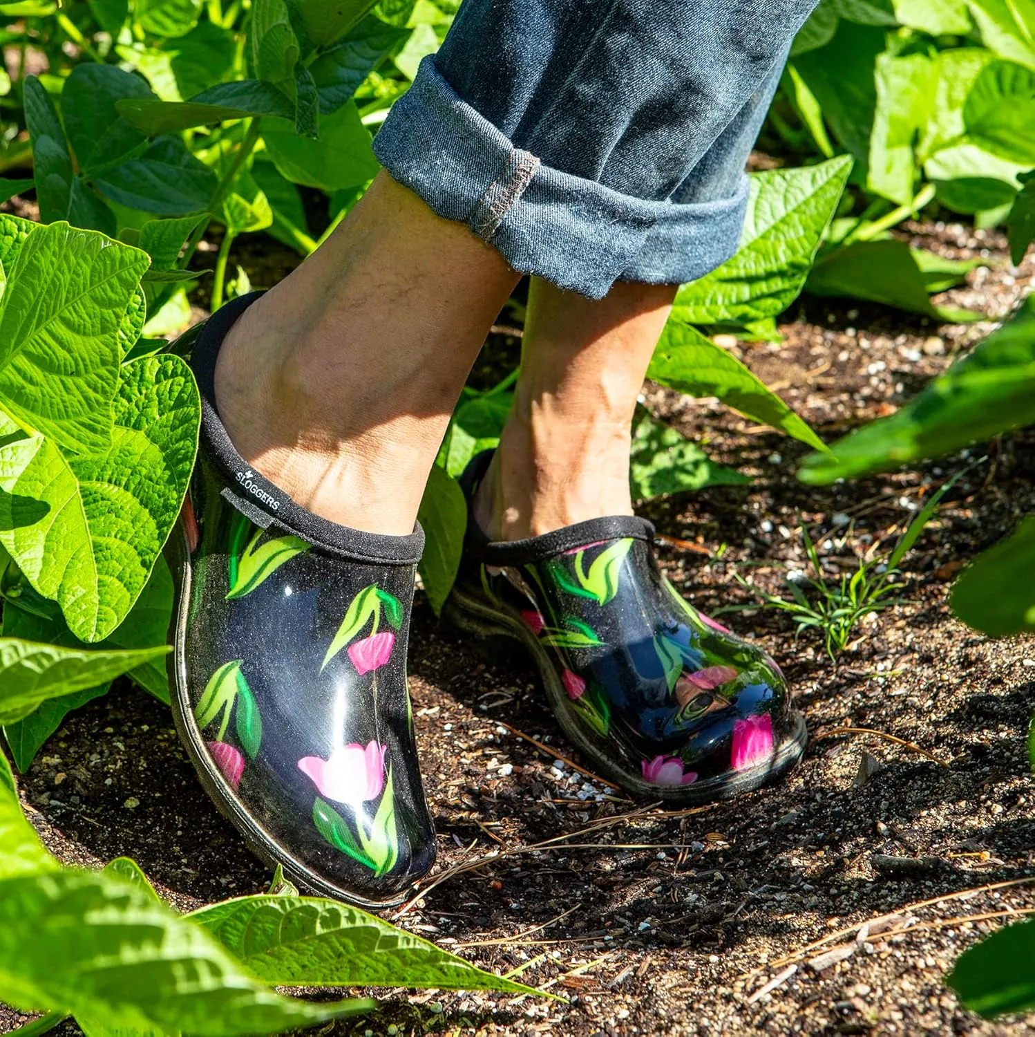 Sloggers Original Waterproof Rain and Garden Shoe for Women– Outdoor Slip-On Garden Clog - Made in The USA with Premium Comfort Insole and Arch Support - Tulip Black Print, Size 7