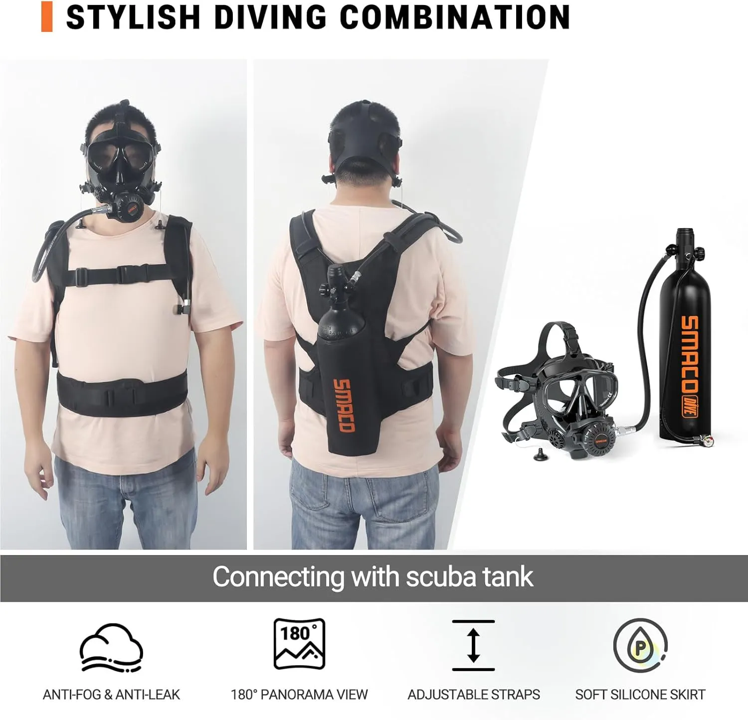SMACO Mini Scuba Tank for Shallow Water Diving 1.9L Scuba Cylinder Diving Tank Kit Provide 25-30 Minutes Breath Support for Underwater Recreation/Diving Practice/Water Rescue/Backup Air