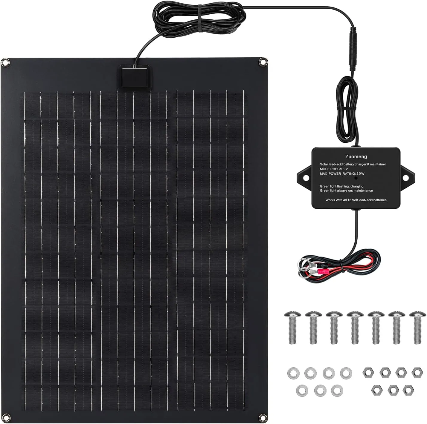 Solar Battery Charger Maintainer, Zuomeng 20W Solar Panel Kit for Dump Trailer Built-in Maintenance Pulse & Intelligent MPPT Charge Controller, Waterproof, Suitable for 12V Lead-Acid Battery
