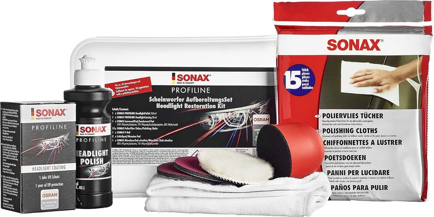 SONAX Profiline Headlight Restoration Kit | Complete DIY Headlight Repair & Protection | Removes Yellowing, Foggy Haze & Oxidation | Includes Polish, Protection, P-Ball, Pads & Microfiber | 405741