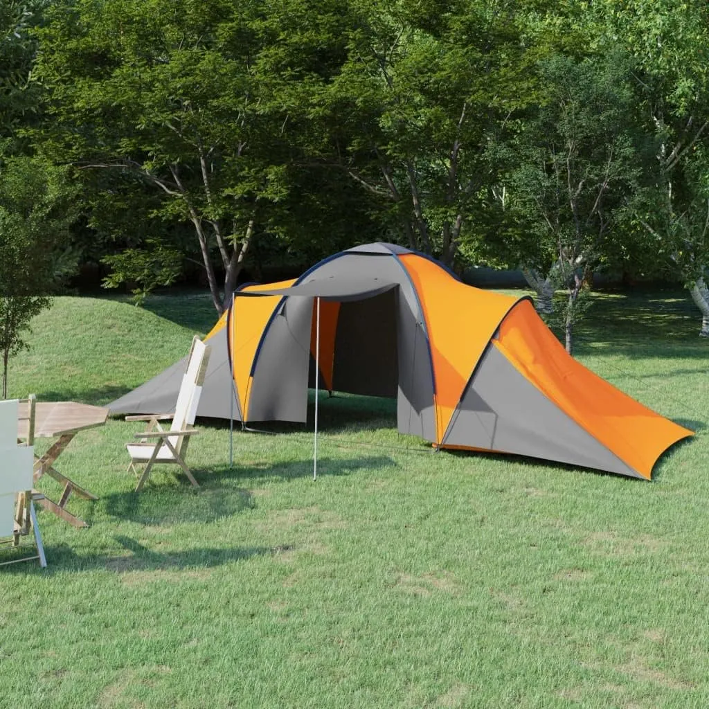 Spacious 6-Person Camping Tent with Mosquito Net, Quick Setup, 2 Compartments, Durable Fabric, Gray and Orange