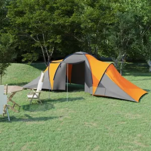 Spacious 6-Person Camping Tent with Mosquito Net, Quick Setup, 2 Compartments, Durable Fabric, Gray and Orange