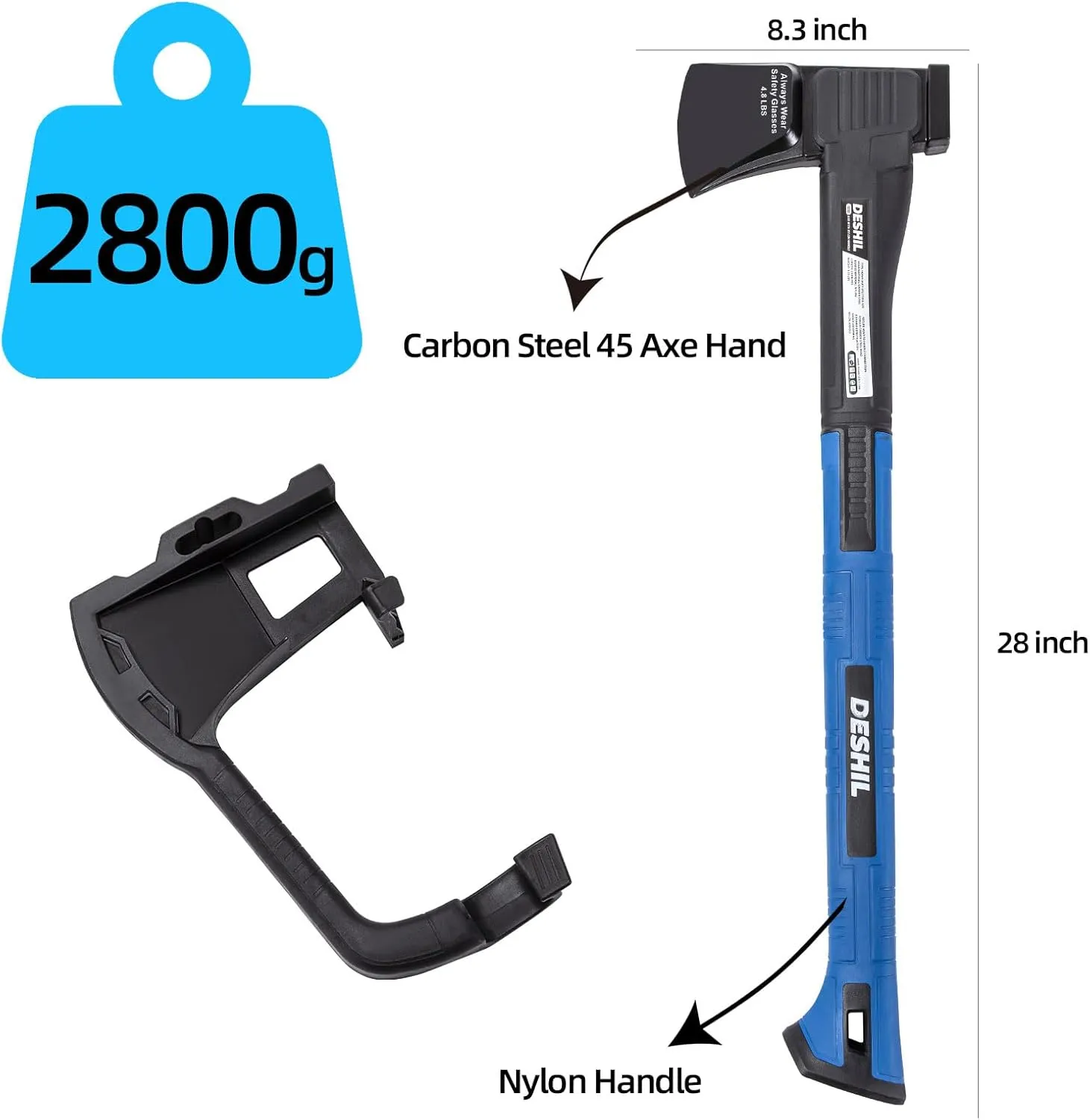 Splitting Axe, 28” 4.8 lbs Outdoor Hatchet Forged Carbon Steel Heat Treated Hand Maul Tool, Nylon Shock Reduction Handle with Anti-Slip Grip, Camping, Survival Tool, Chopping, Kindling