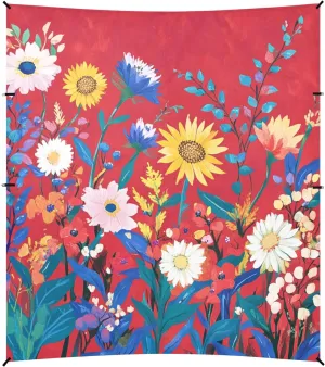 Spring Flowers on Red Foldable Beach Canopy UPF50  Water-Resistant Outdoor Sun Shade with Sand Shovel for Camping, Fishing, Backyard Fun