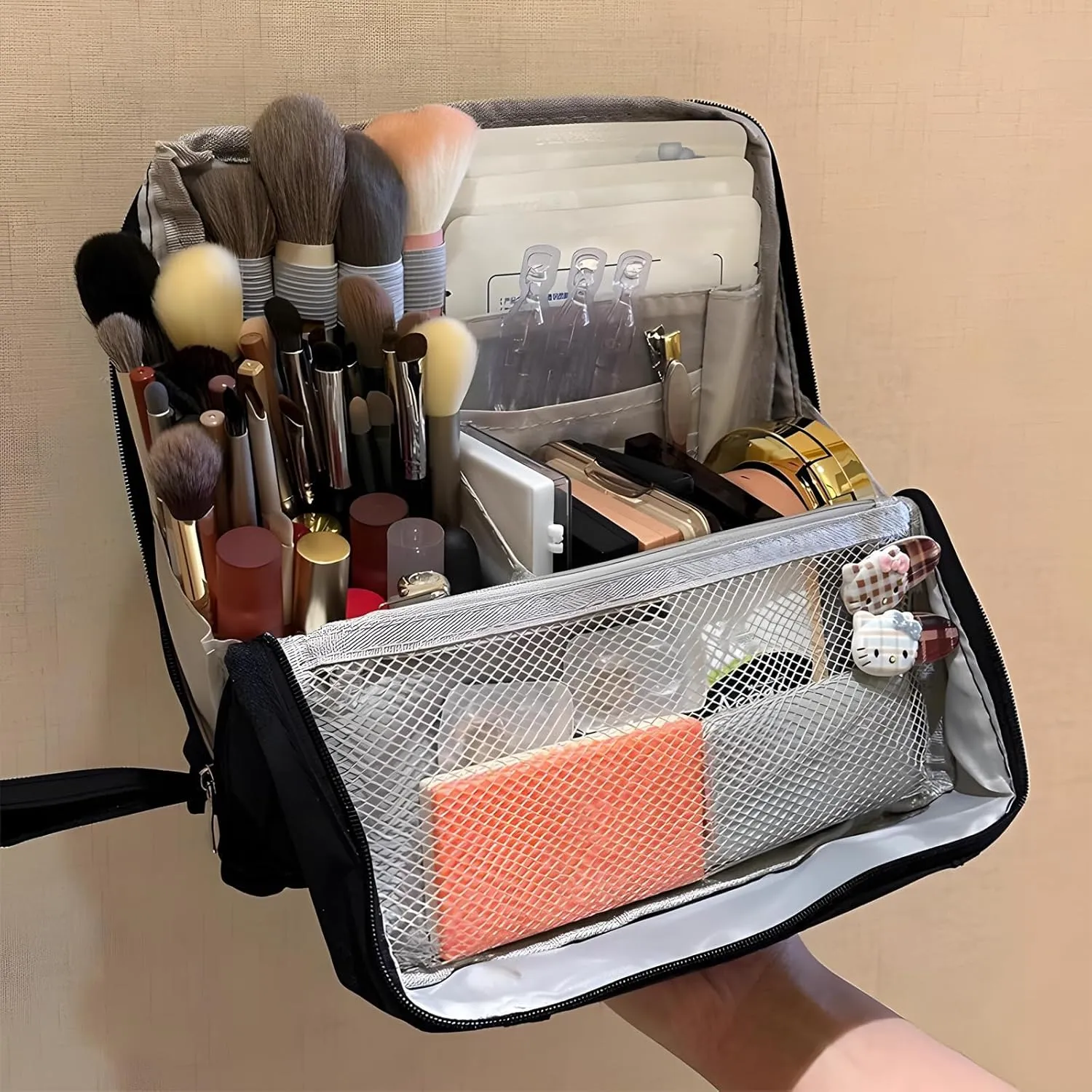 Standing Makeup Bag, Portable Multi Purpose Large Capacity with Room for Brushes and Mirror, Travel Makeup Organizer, Make Up Case, Waterproof Cosmetic Toiletry Bags with Handle (Black)