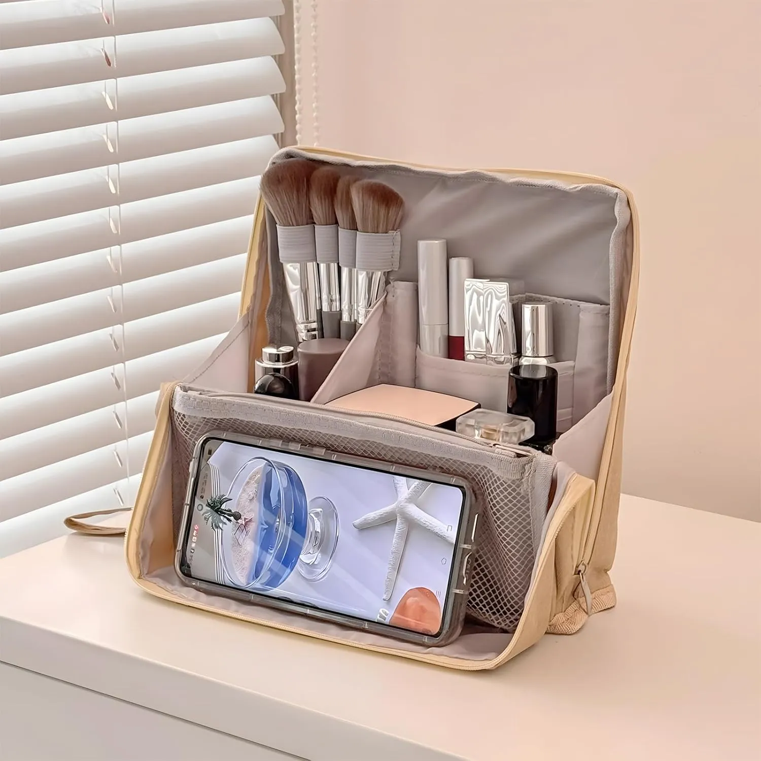 Standing Makeup Bag, Portable Multi Purpose Large Capacity with Room for Brushes and Mirror, Travel Makeup Organizer, Make Up Case, Waterproof Cosmetic Toiletry Bags with Handle (Black)