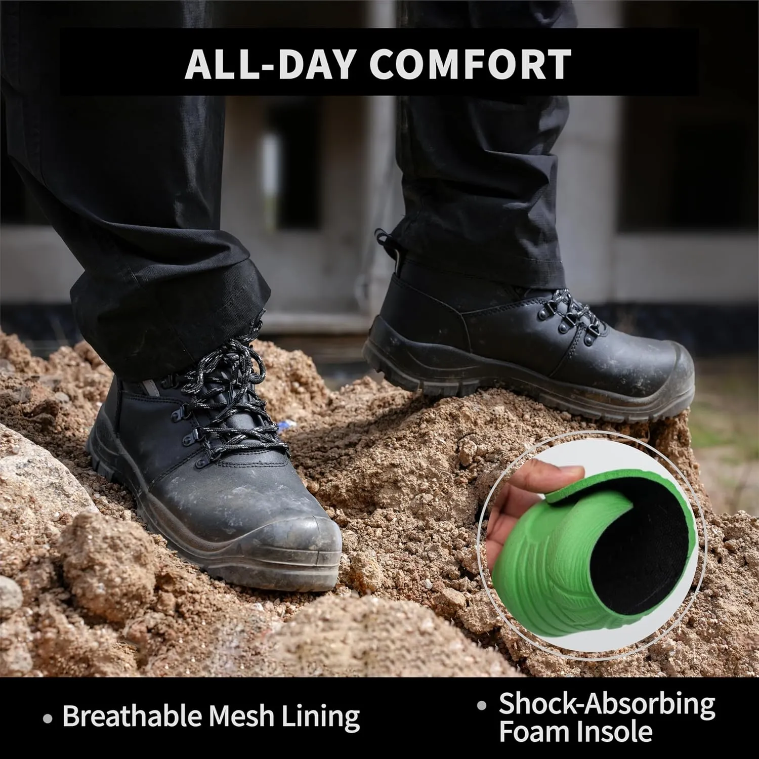 Steel Toe Work Boots for Men – Waterproof Leather, Slip Resistant, Shock Absorbing, Breathable Safety Boots for Construction, Industrial, Warehouse Use