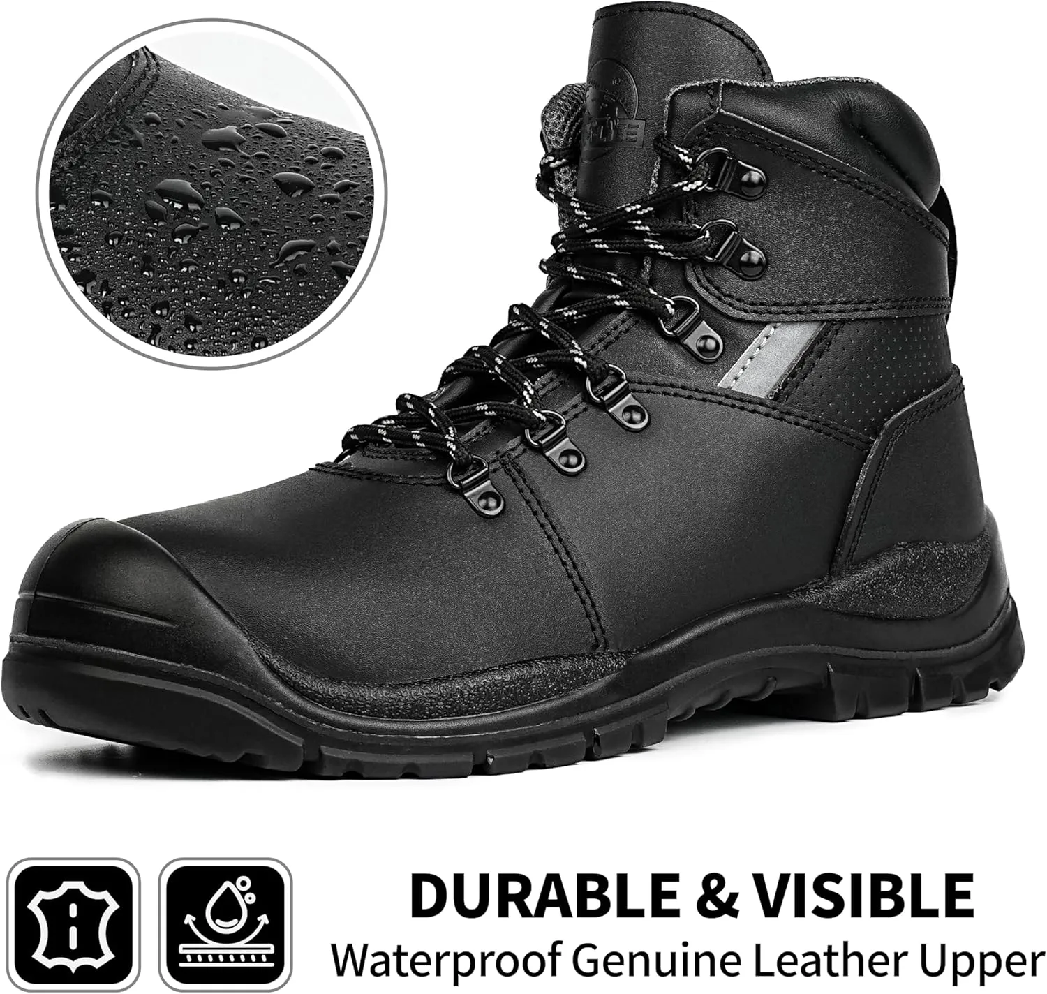 Steel Toe Work Boots for Men – Waterproof Leather, Slip Resistant, Shock Absorbing, Breathable Safety Boots for Construction, Industrial, Warehouse Use