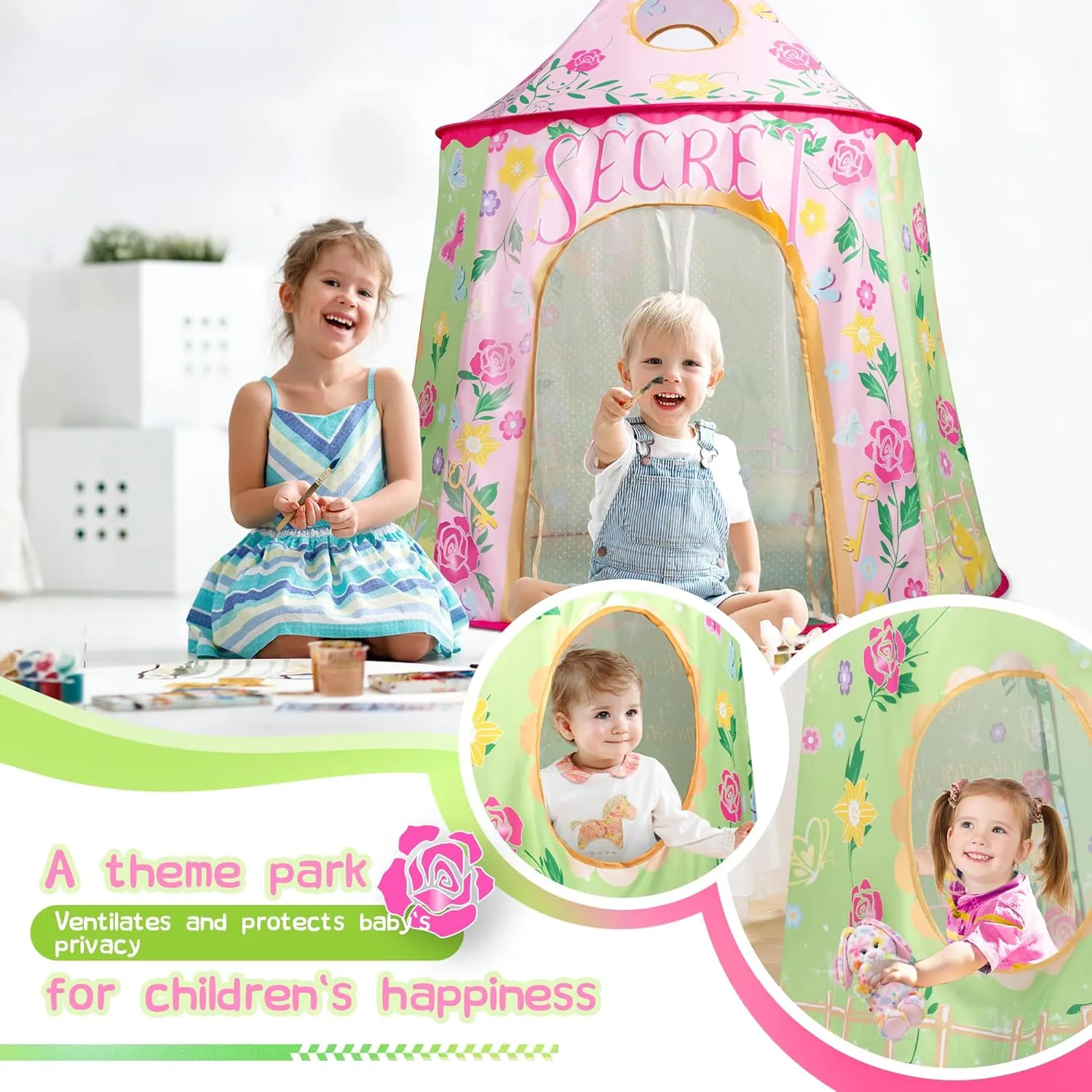 SULIFEEL Kids Play Pop Up Tent with Mat for Toddler Girls and Boys Ages 1   Years Party Children Foldable Tent Birthday Toy for Baby Garden Theme Playhouse Indoor Games