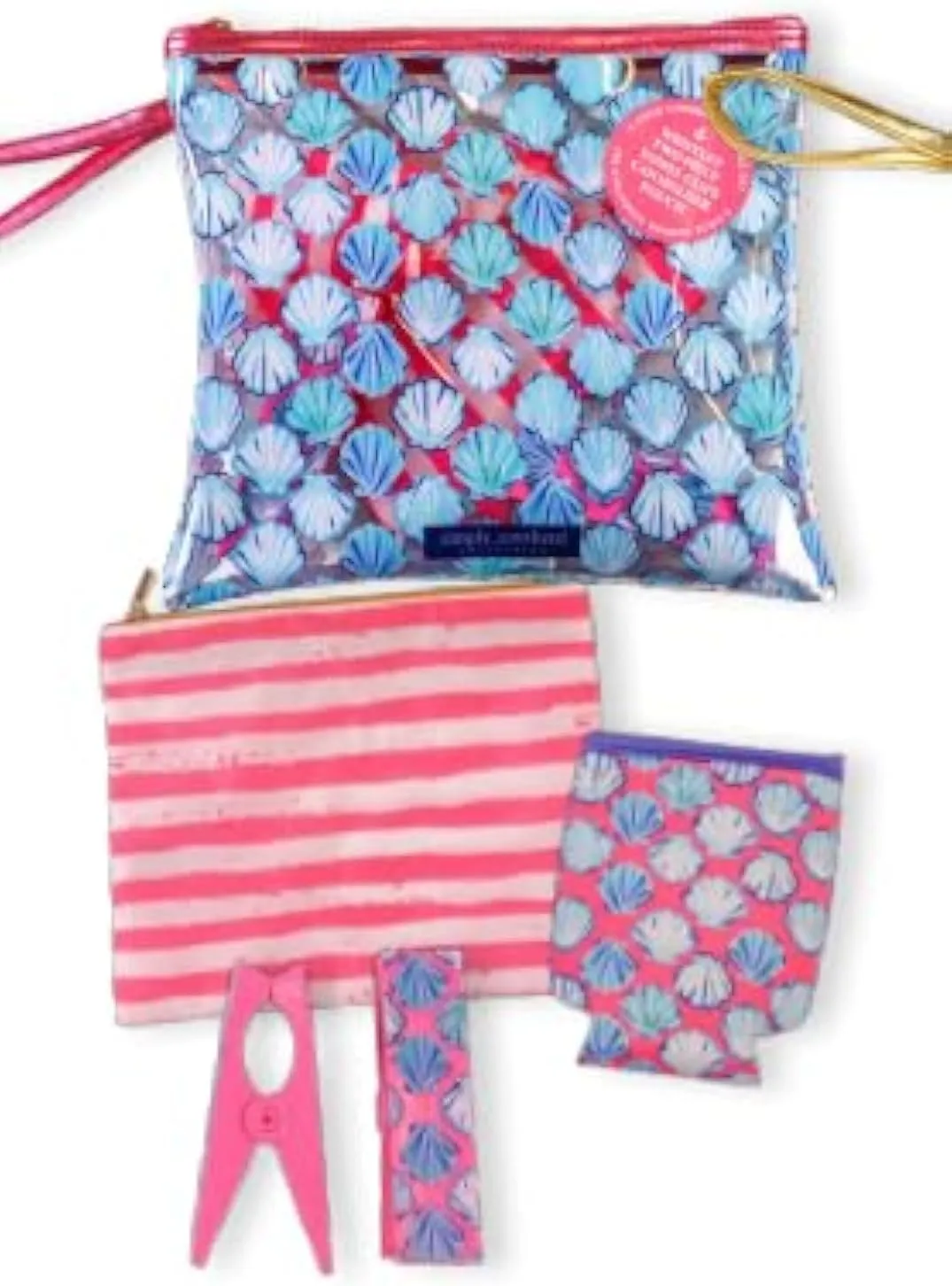 Summer Essential Kit For The Beach, Lake & Pool - Waterproof Pouch, Towel Clips, Can Holder, Coin Pouch - Simply Southern (Shell)