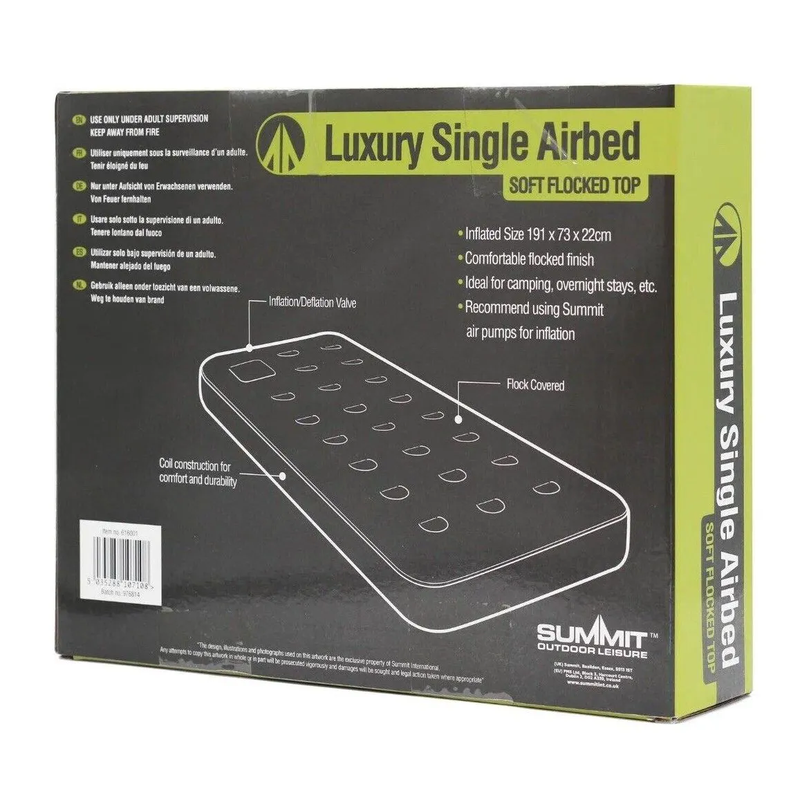 Summit Blue Flocked Single Inflatable Air Bed Outdoor Camping Mattress