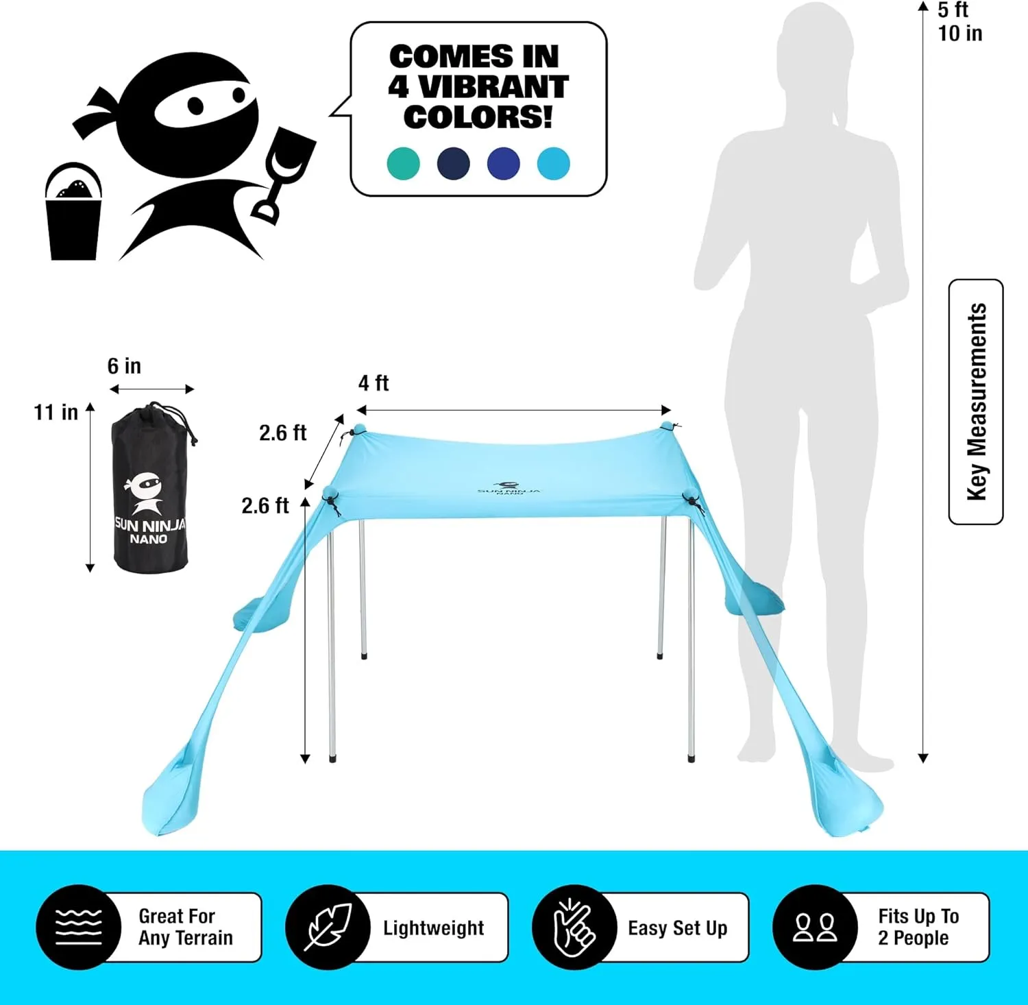 SUN NINJA Baby Pop-up Beach Tent, UPF50  Beach Shade Canopy, Sun Shelter with Carry Bag, Ground Pegs and Stability Poles, Outdoor Shade for Camping, Fishing, Backyard Fun or Picnics (Turquoise)