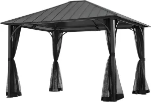Sunjoy 11 x 13 Foot Hildreth Screened Gazebo Outdoor Canopy Tent Backyard Patio Shaded Shelter with Steel Roof Top and Stable Aluminum Posts, Black