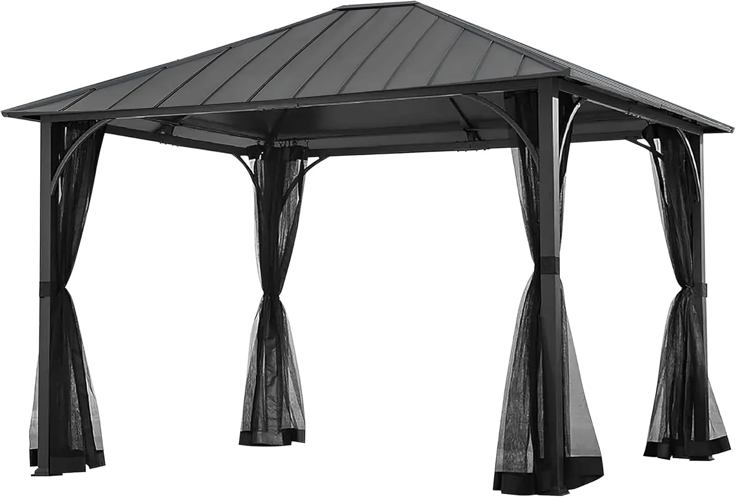 Sunjoy 11 x 13 Foot Hildreth Screened Gazebo Outdoor Canopy Tent Backyard Patio Shaded Shelter with Steel Roof Top and Stable Aluminum Posts, Black
