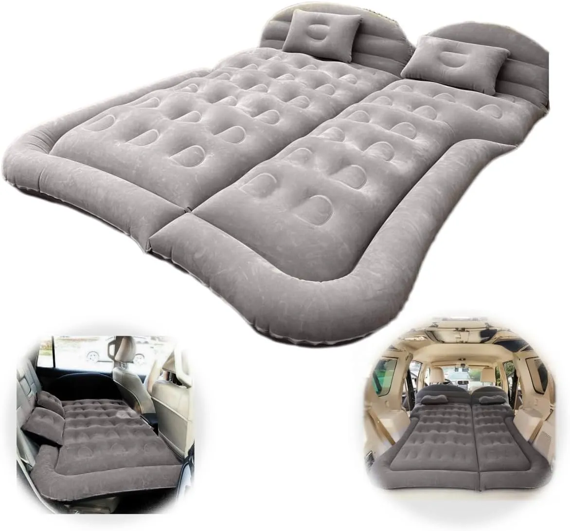 SUV Air Mattress Camping Bed Car Inflatable Mattress for Truck Backseat - Foldable Air Mattress with Flocking Surface and Pillows Portable Air Bed for Home Tent Camping Travel - Grey