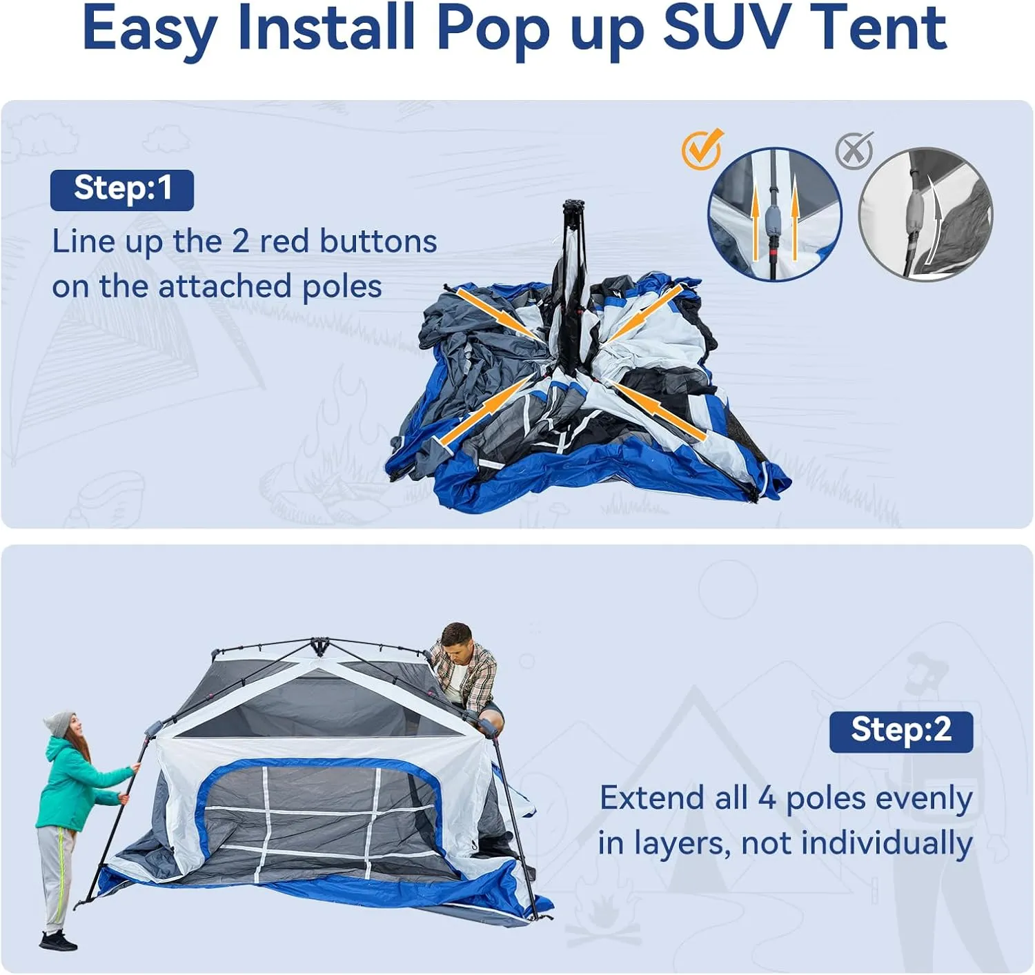 SUV Tent for Camping with Vestibule and Canopy, Waterproof 6-8 Person Automatic Car Truck Camping Tent with Rainfly, Navy Blue