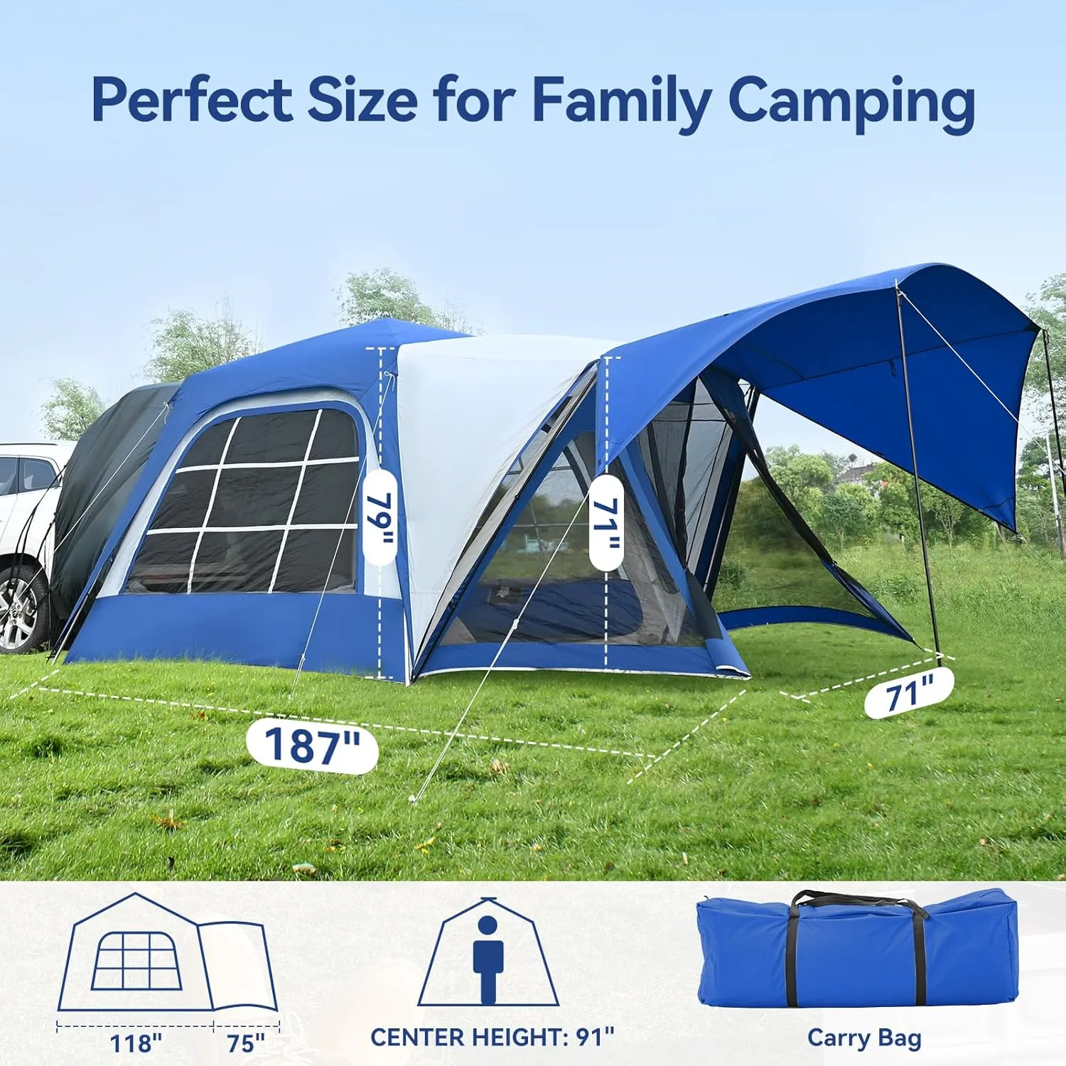 SUV Tent for Camping with Vestibule and Canopy, Waterproof 6-8 Person Automatic Car Truck Camping Tent with Rainfly, Navy Blue