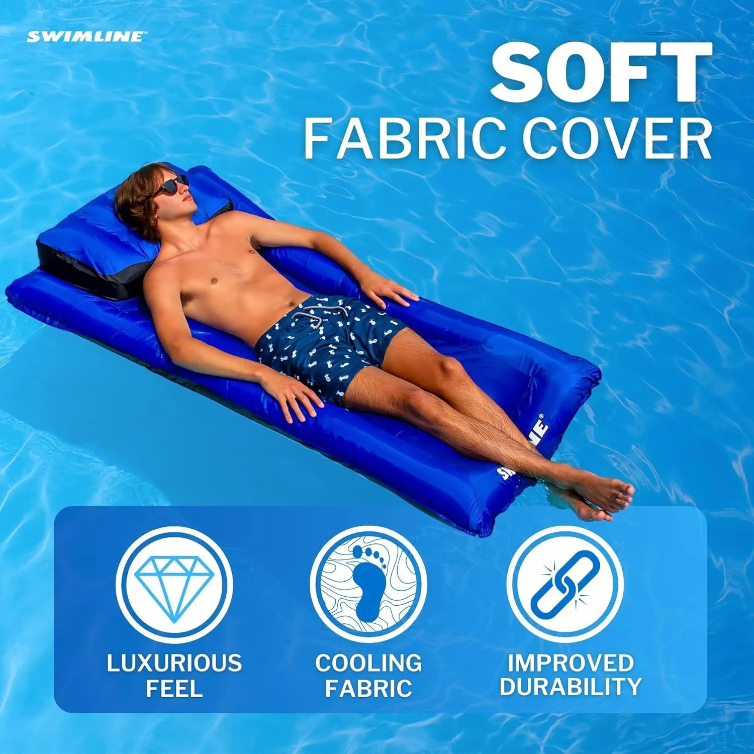 SWIMLINE ORIGINAL Fabric Covered Pool Float Mattress Lounger Raft For Adults & Kids I Comfortable Head Rest & Quick-Dry Cover For Adult Or Kid Floating & Lounging Dogs 9057