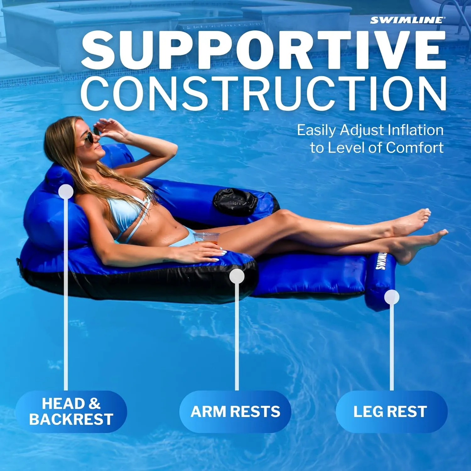 SWIMLINE ORIGINAL Fabric Covered Pool Float Mattress Ultimate Lounger Raft For Adults & Kids | Back, Leg, & Arm Rests, Cup Holder, & Quick-Dry Cover For Adult Or Kid Floating & Lounging 9047