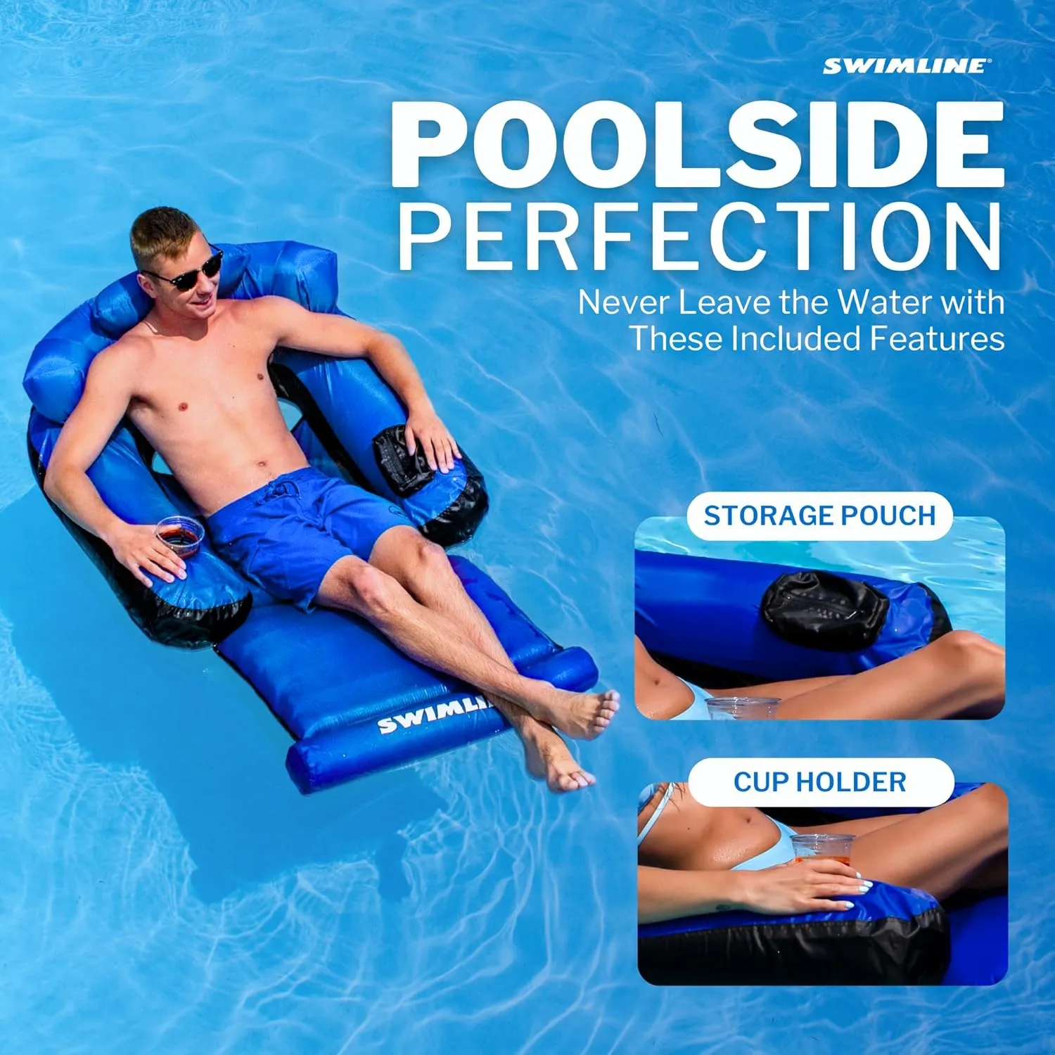 SWIMLINE ORIGINAL Fabric Covered Pool Float Mattress Ultimate Lounger Raft For Adults & Kids | Back, Leg, & Arm Rests, Cup Holder, & Quick-Dry Cover For Adult Or Kid Floating & Lounging 9047
