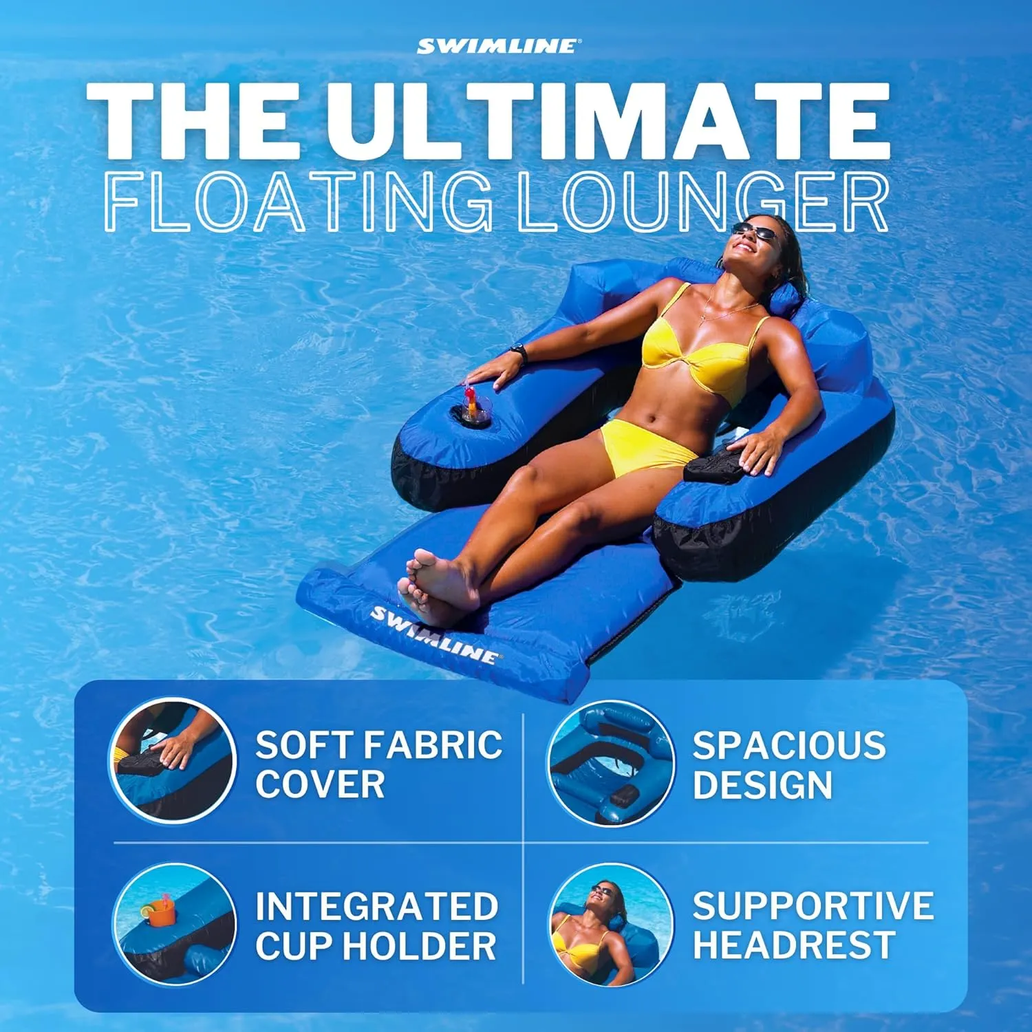 SWIMLINE ORIGINAL Fabric Covered Pool Float Mattress Ultimate Lounger Raft For Adults & Kids | Back, Leg, & Arm Rests, Cup Holder, & Quick-Dry Cover For Adult Or Kid Floating & Lounging 9047
