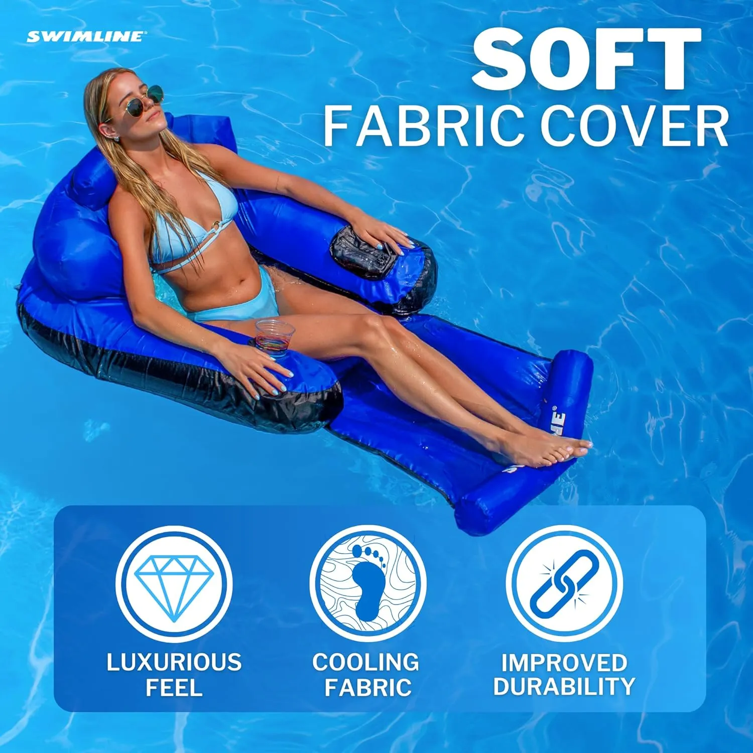 SWIMLINE ORIGINAL Fabric Covered Pool Float Mattress Ultimate Lounger Raft For Adults & Kids | Back, Leg, & Arm Rests, Cup Holder, & Quick-Dry Cover For Adult Or Kid Floating & Lounging 9047