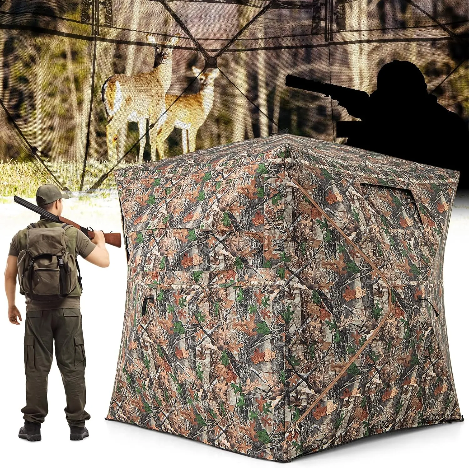 Tangkula Extra Tall 3-4 Person Hunting Blind, 270 Degree See Through Ground Blind with Silent Slide Windows, Zippered Door, Carry Bag, Pop Up Deer Blind for Turkey Hunting, Camouflage
