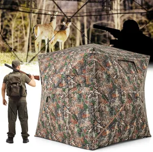 Tangkula Extra Tall 3-4 Person Hunting Blind, 270 Degree See Through Ground Blind with Silent Slide Windows, Zippered Door, Carry Bag, Pop Up Deer Blind for Turkey Hunting, Camouflage