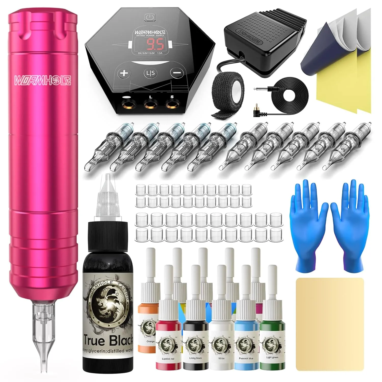 Tattoo Kit, Wormhole Tattoo Machine Kit Tattoo Gun Kit Cartridge Needles Tattoo Pen Kit for Beginners Rotary Tattoo Machine Pen Kit Tattoo Supplies WTK104