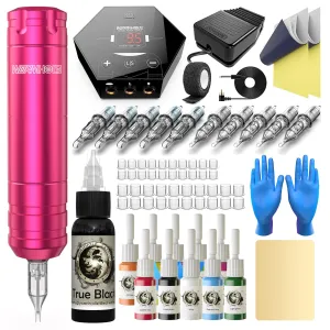 Tattoo Kit, Wormhole Tattoo Machine Kit Tattoo Gun Kit Cartridge Needles Tattoo Pen Kit for Beginners Rotary Tattoo Machine Pen Kit Tattoo Supplies WTK104