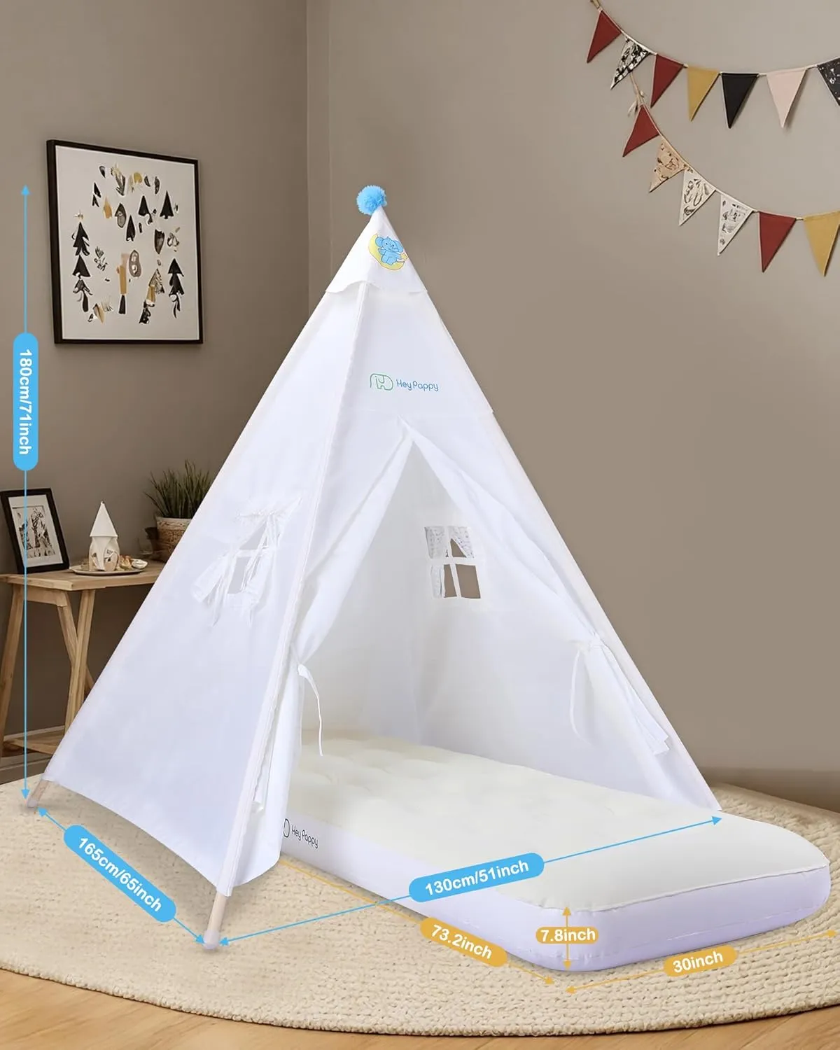 Teepee Tent for Kids with Inflatable Airbed, String Lights, Balloons, Pump, Washable Slumber Party Tent Indoor Outdoor for Girls Boys, Children Tipi Playhouse for Playtime and Sleepover
