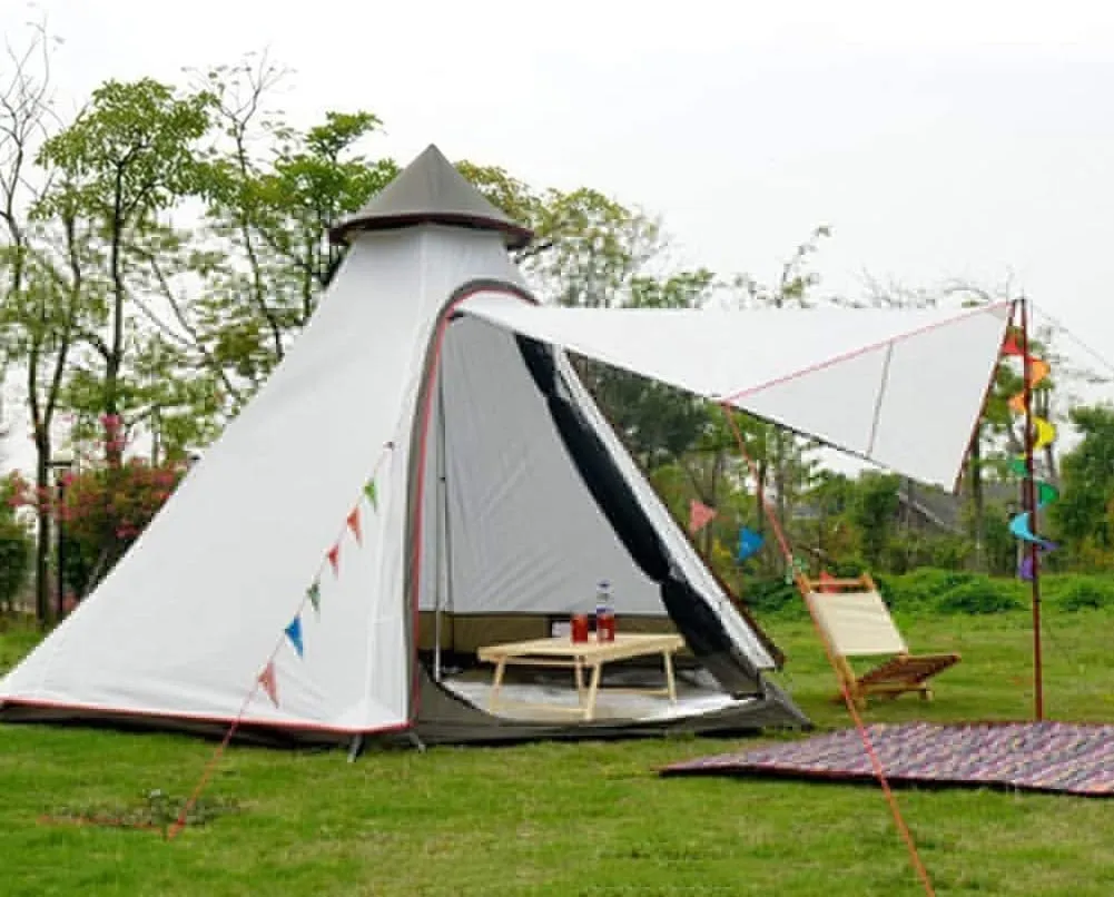 Teepee Waterproof Double Layers Outdoor Tent Thickened Camping Family Tent Pyramids Indian Tent with Fixed Groundsheet Suitable for Wild Camping and Hunting