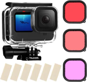 TELESIN Waterproof Case for GoPro Hero 13/12/11/10/9 Black - 3-Pack Dive Filter with Red Magenta - Supports 60M/196FT Underwater Scuba Snorkeling Deep Diving