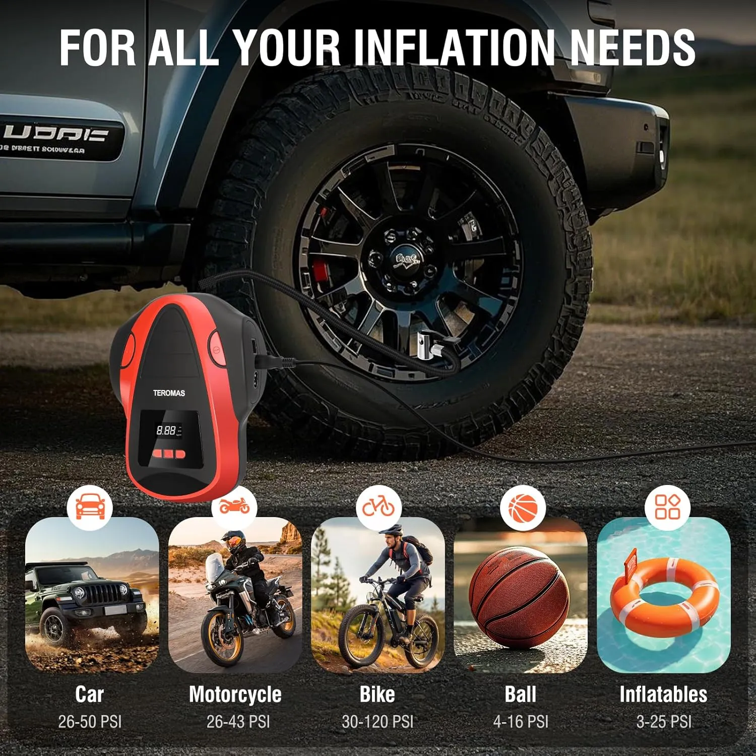 TEROMAS Tire Inflator Portable Air Compressor, Air Pump DC/AC for Car Tires 12V DC and Other Inflatables at Home 110V AC, Digital Electric Tire Pump with Pressure Gauge(Red)