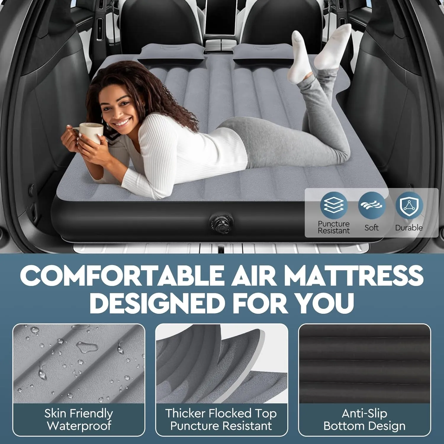 Tesla Model Y Mattress: Inflatable Camping Bed Air Mattress for Model Y, Thickened Travel SUV Sleeping Pad with Car Air Pump 2 Pillows