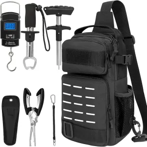 THKFISH 7Pcs Fishing Backpack with Fishing Pliers Kit, Tactical Fish Sling Tackle Bag Included Fishing Tackle kit, Digital Fishing Gear Weight Scale, Fish Hook Remover Tools